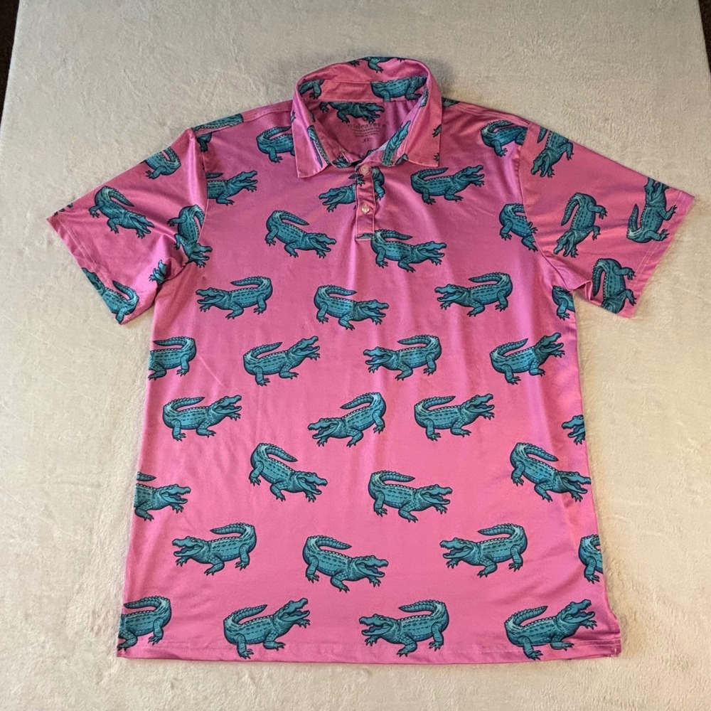 Uideazone Mens XL Pink Teal Alligator Print Performance Golf Polo Shirt